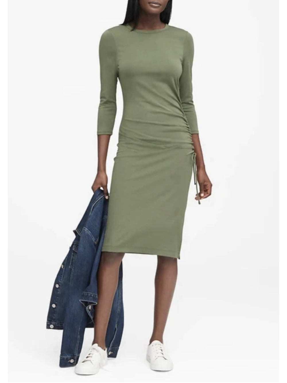Banana Republic Green Midi Dress Side Ruched 3/4 Sleeve Ponte Minimalist Slit XS